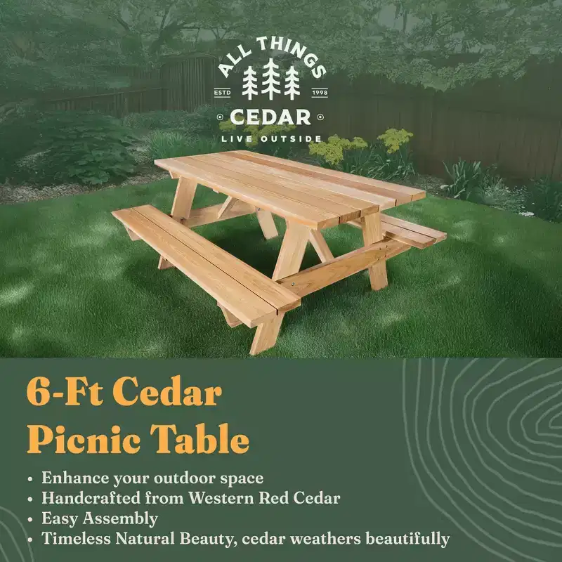 All Things Cedar 6-Ft Outdoor Picnic Table, Handcrafted Wooden Patio Bench Set for Camping, Backyard Parties, or Tailgating, Rustic Cedar