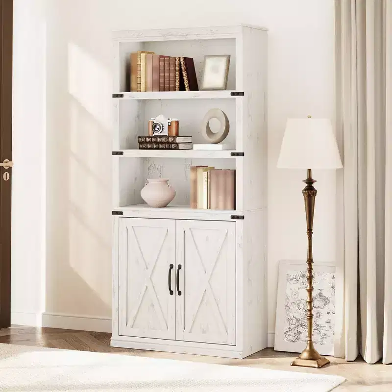 Farmhouse Book Shelf with Door, 5 Tier Wooden Book Case with Storage, 68.7 Tall Display Shelf for Living Room, Home Office