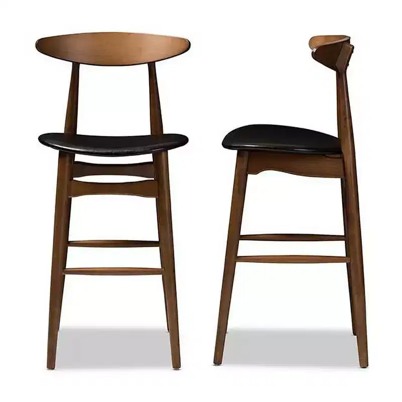 HomeStock Flora Mid-Century Modern Black Faux Leather Upholstered Walnut Finished Bar Stool Set