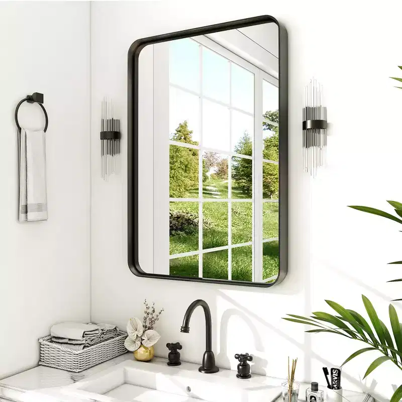 Glossy Black Coated Aluminum Alloy Rectangular Wall Mirror with Curved Edges