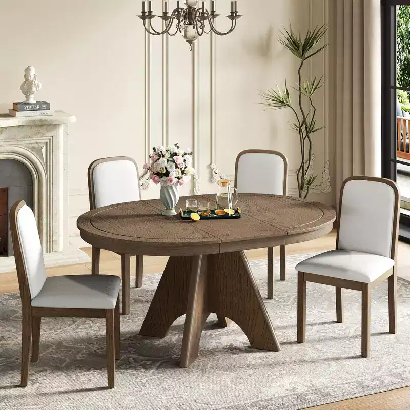Extendable Dining Table Set for 6 with 4 Upholstered Chairs, Rustic Farmhouse Kitchen Table Set with Distressed Finish