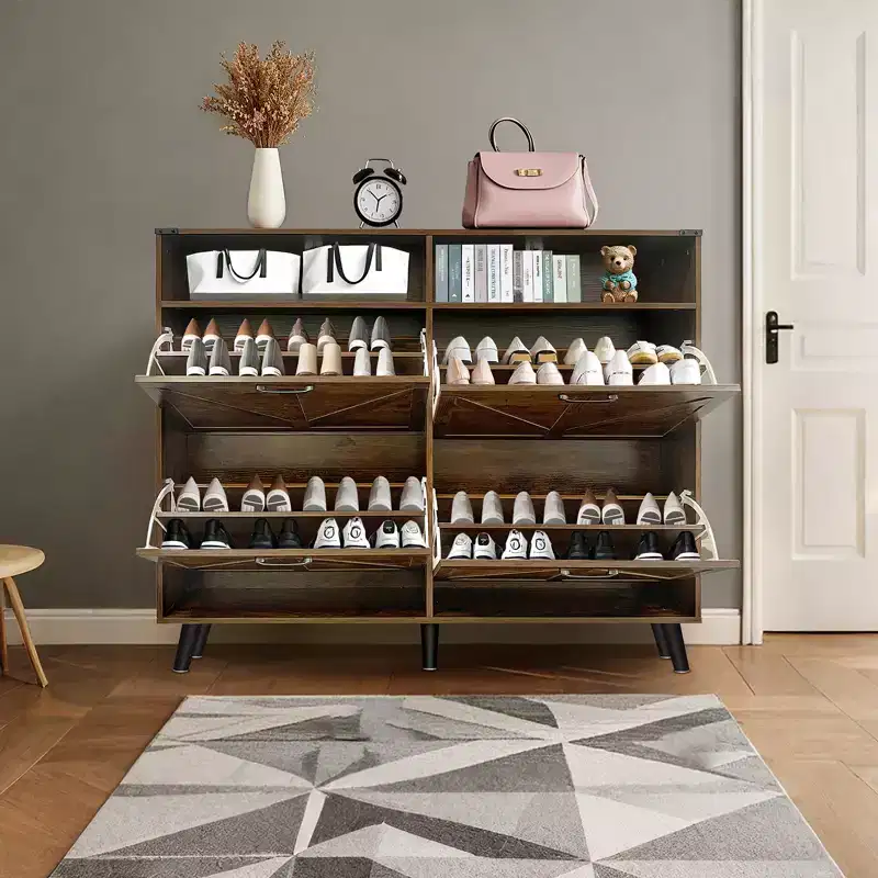 Shoe Storage, Freestanding Shoe Cabinet Storage with 4 Flip Drawers and Barn Door Design, Slim Narrow Shoe Rack Dresser, for Entryway, Foyer, Hallway