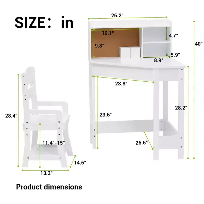 Children's study desk and chair set, corner study desk with bookshelf, adjustable chair, corkboard, suitable for boys and girls.