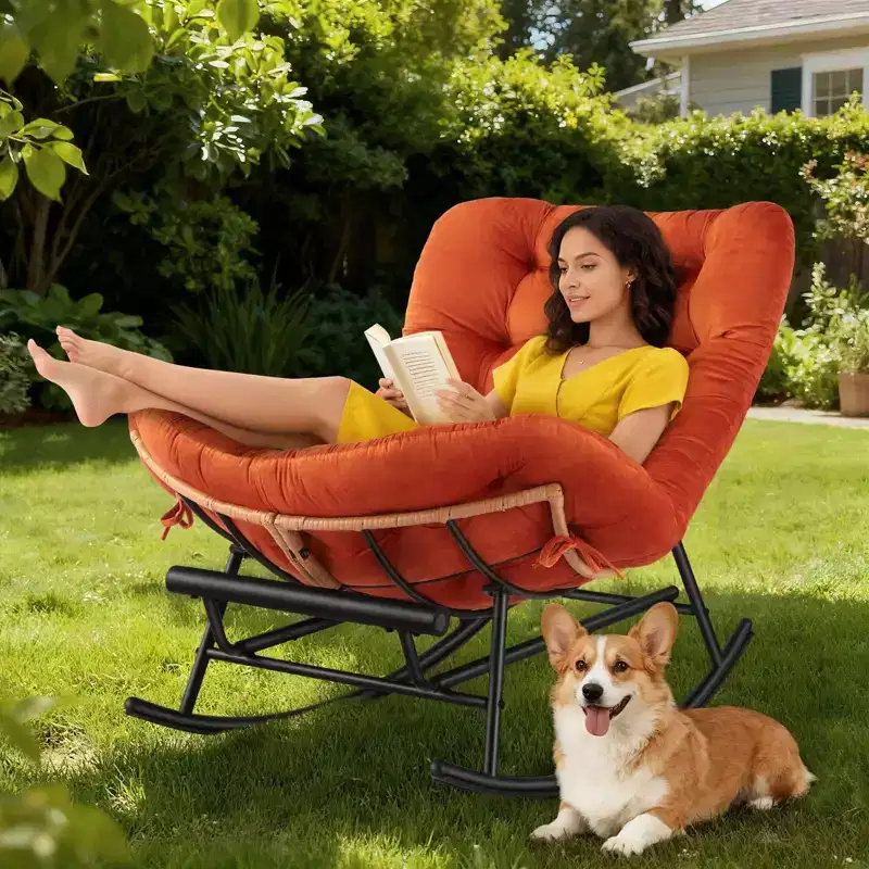 Orange Oversized Rocking Chair with Cushion, Rattan & Steel Frame, 1-Person, Adult Assembly Required