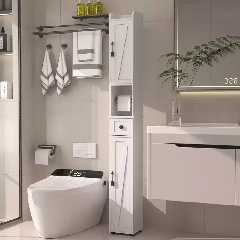 Tall Slim Bathroom Storage Cabinet with 2 Doors & Drawer – White