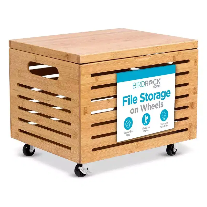 Bamboo Rolling File Storage Organizer Box with Lid, Natural
