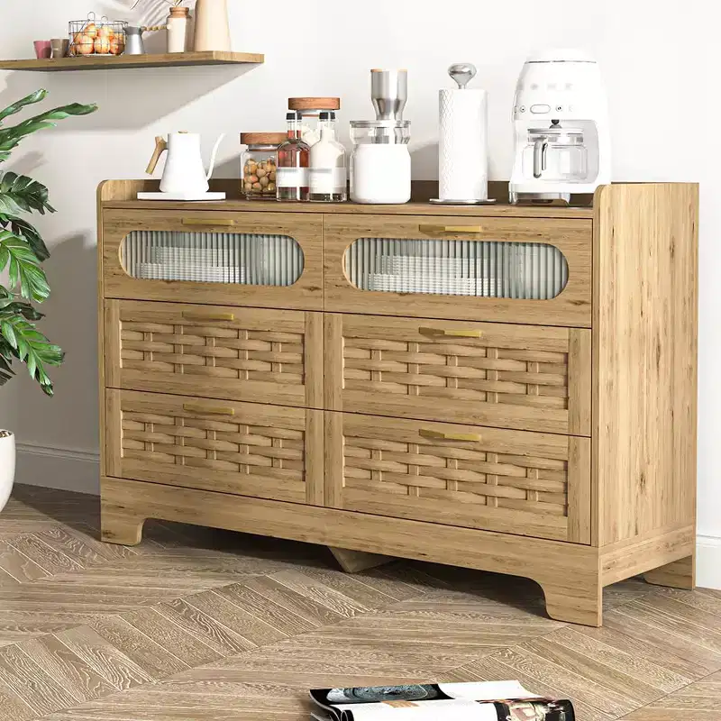 Dresser For Bedroom With 6 Drawers, Double Dresser With Charging Station, Rattan Chest Of Drawers, Tall Dresser With Drawers