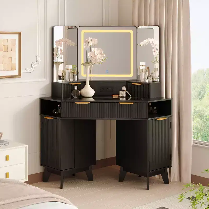 COZONY 48 Fluted Makeup Vanity Desk, Lighted Corner Vanity with HD Tri-Fold Mirror, Glass Top, Charging Station