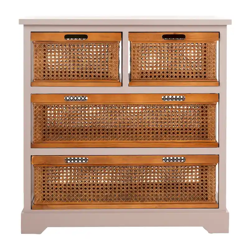 4-Drawer Cane Basket Storage Cabinet, Quartz Grey / Barley / Antique Black