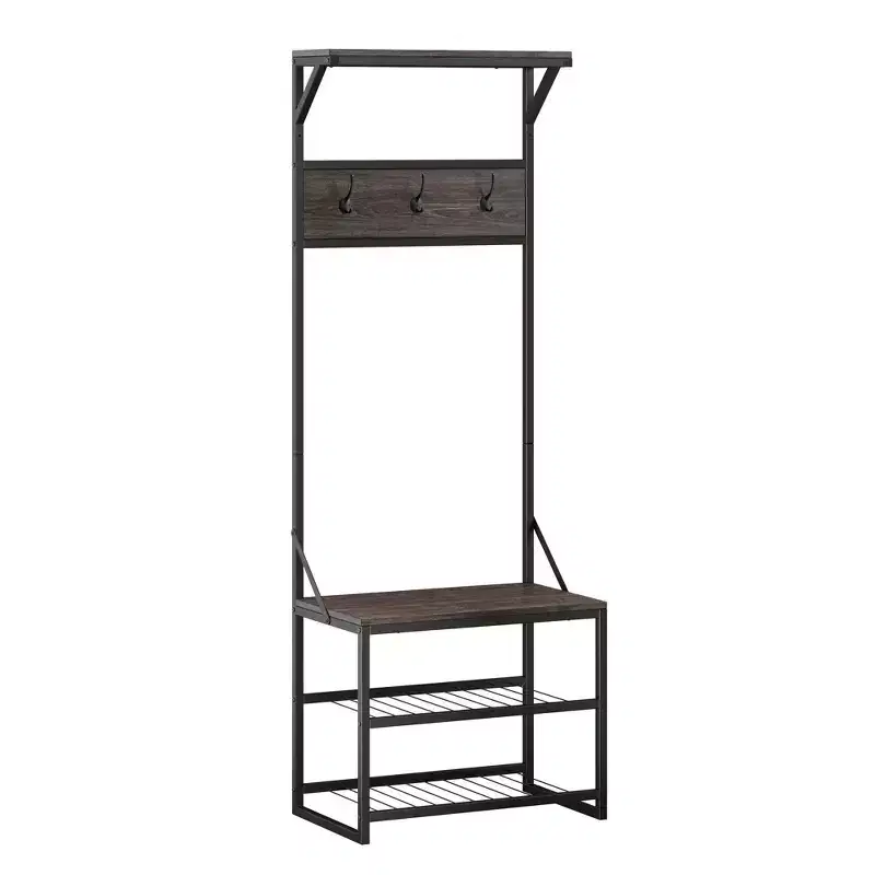 RiverRidge Afton Hall Tree Shoe Storage Organizer Cabinet with Hooks and Storage Shelf Entryway Bench Seat Weathered Woodgrain and Black Metal Frame