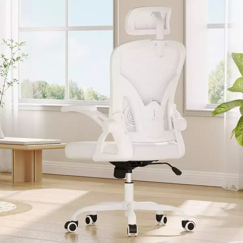 White Office Chair, Low Back, Flip-Up Arms, 1-Seat