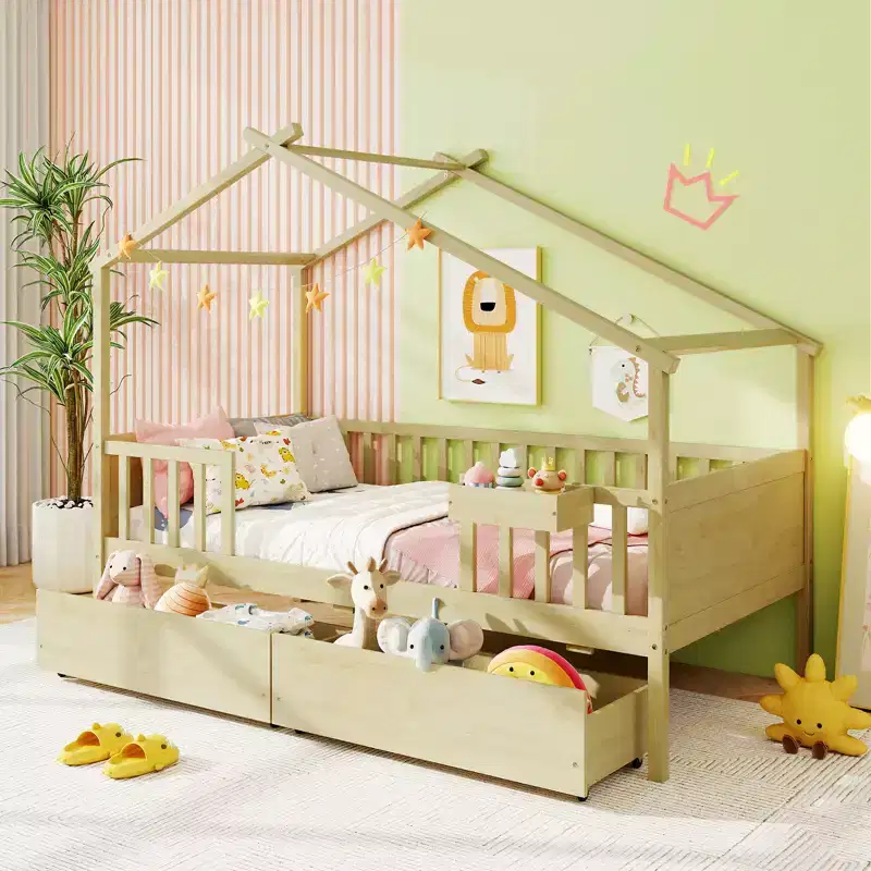 Twin House Bed w/ 2 Storage Drawers Roof & Fence Rails Headboard & Footboard