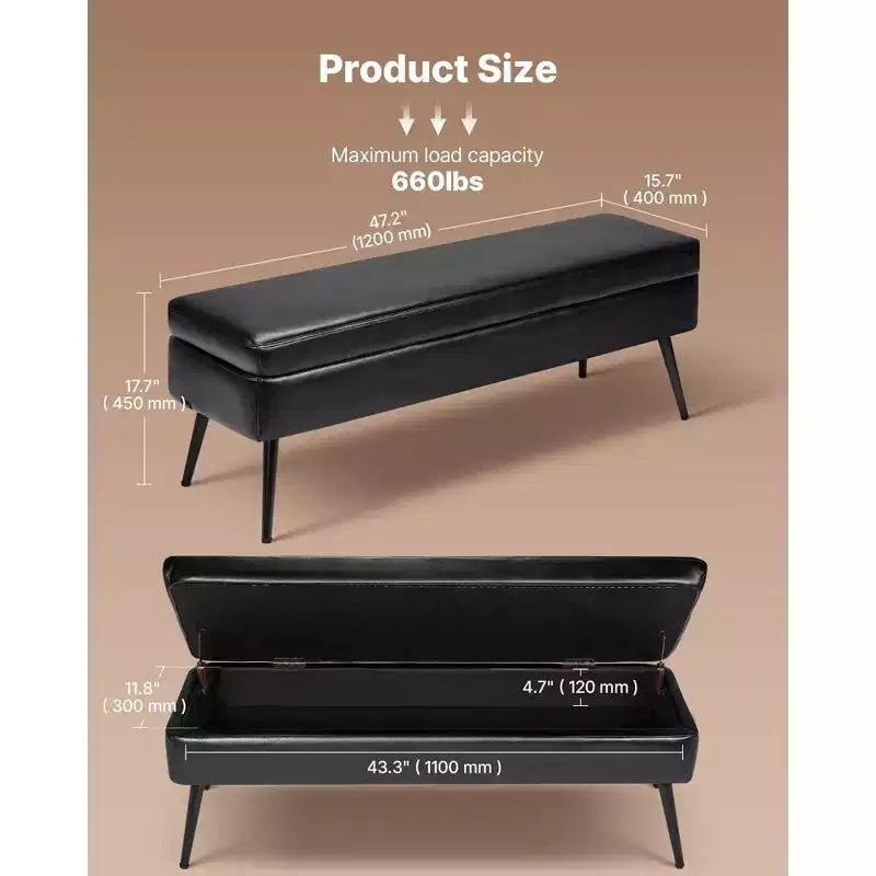 VIYET 47 Black PU Leather Storage Ottoman Bench, 660LBS Metal Legs Soft-Close Bench for Entryway/Bedroom/Living Room