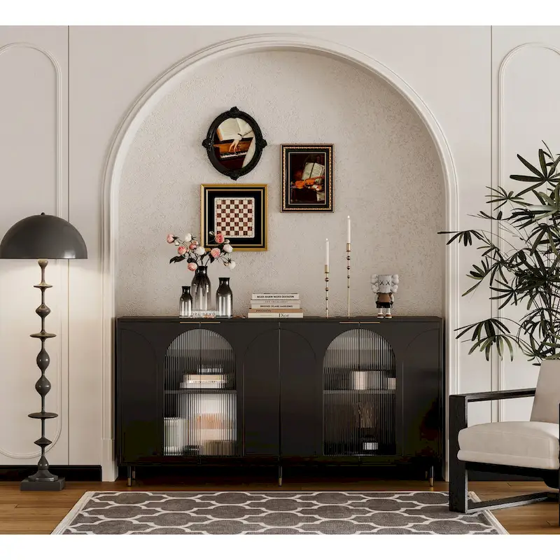 Fluted Glass Door Accent Cabinet – Black, MDF, Minimalist Style
