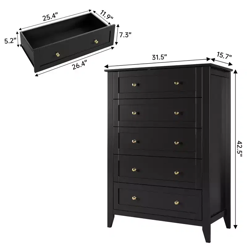 5 Drawer Dresser for Bedroom, Tall Wooden Chest of Drawers with Deep Storage, Modern Dresser for Entryway Hallway