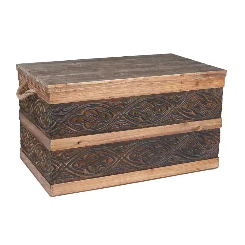 Household Essentials Decorative Trunk, Embossed Metal, Large, Walnut and Almond Stain