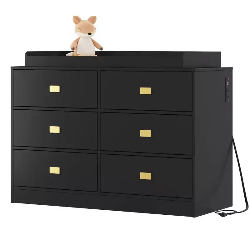 Coolmee Nursery Dresser with Changing Table Top, 6 Drawer Baby Dresser with Anti-Tip Kit, Waterproof Top and Safety Rails Storage Organizer