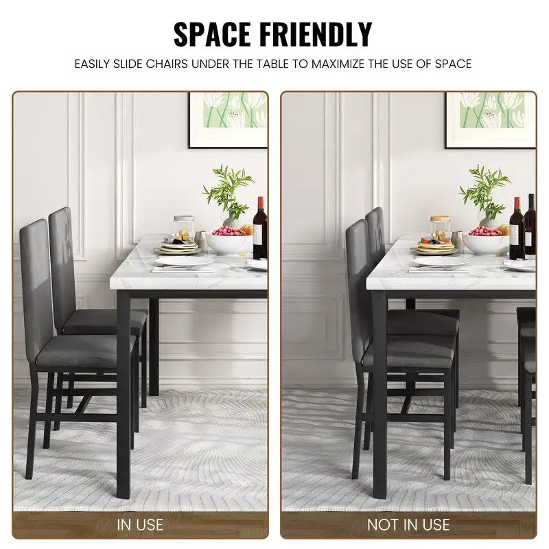Grondin Modern Style Faux Marble Top 5-Piece Casual Dining Set with 4 Velvet Upholstered Dining Chairs