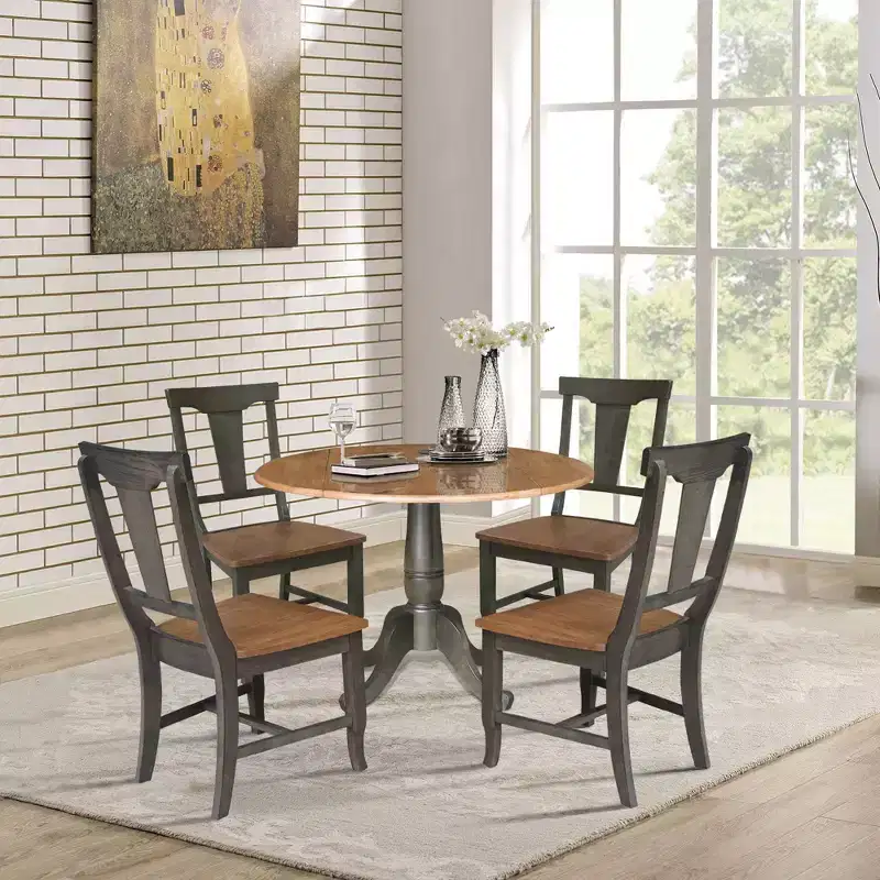 42" Dual Drop Dining Table with 4 Panel Back Chairs Hickory/Washed Coal - International Concepts