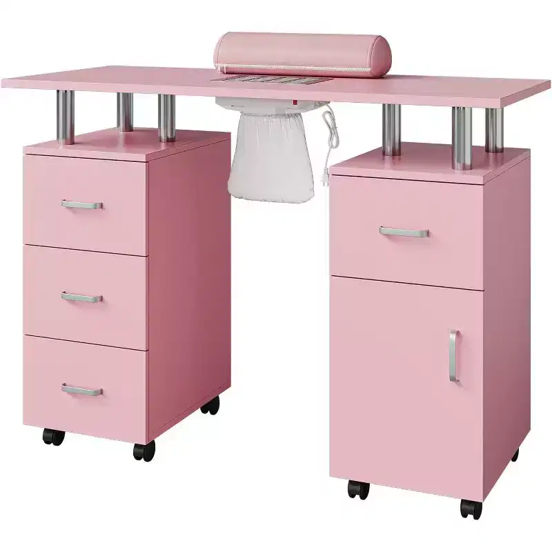 Manicure Table with Electric Dust Collector,42 Nail Table Beauty Salon Station with Lockable Wheels, Arm Rest,4 Storage Drawers,Resistant Top