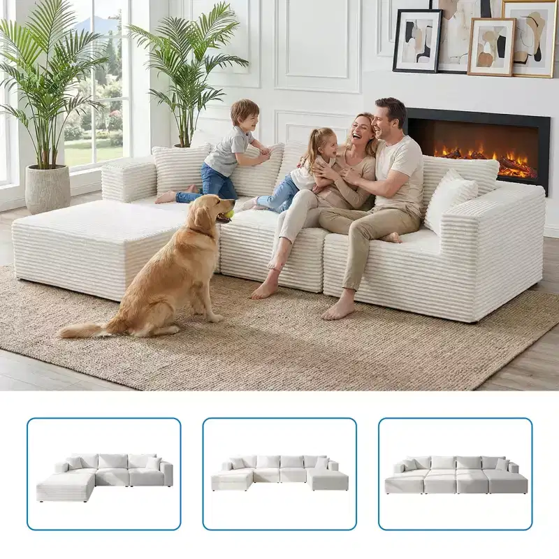 Mjkone Large Modular Sectional Sofa with Chaise, Premium Corduroy, Pet-Friendly, Ivory White