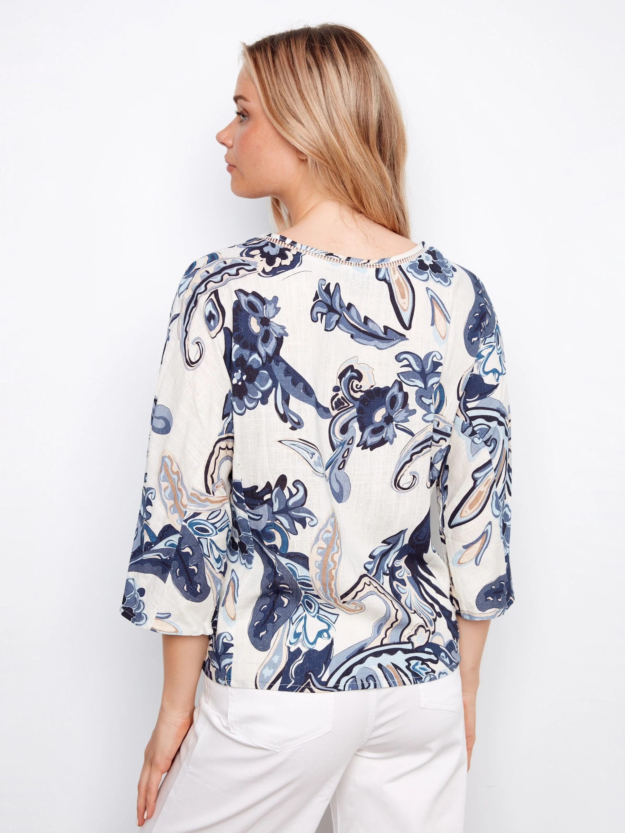 Printed Linen Blend Blouse With Front Button Detail - Blue Paisley Print