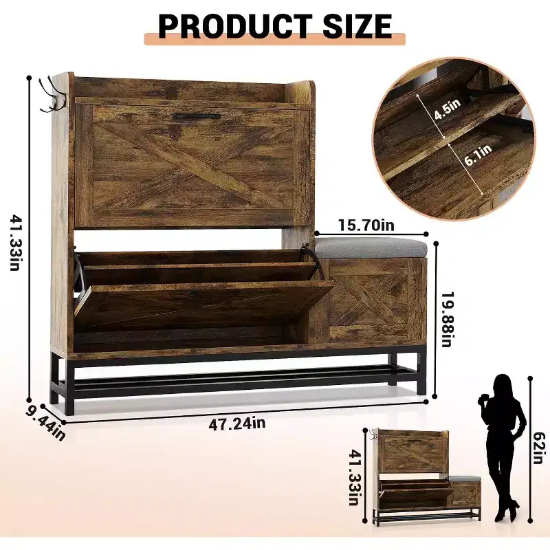 Shoe Cabinet with 2 Flip Drawers & Padded Seat Cushion, Narrow Shoe Organizer Rack for Entryway