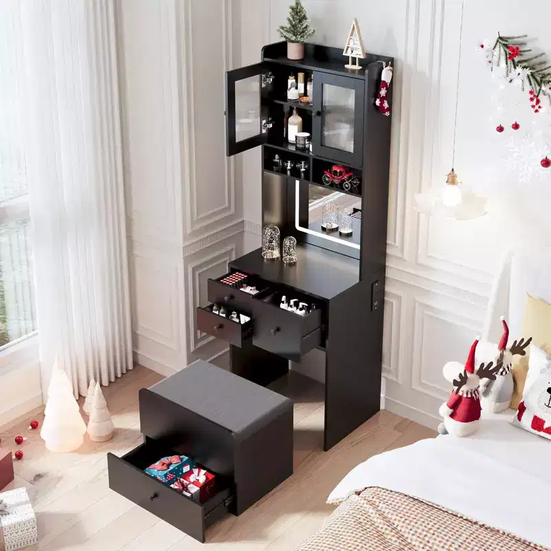 3 in 1 Vanity Desk,Tall Makeup Vanity Set with 2 AC Outlets & USB-c, Dressing Table with Drawers & Acrylic Doors, Nightstand Vanity Mirror,Jewelry Box