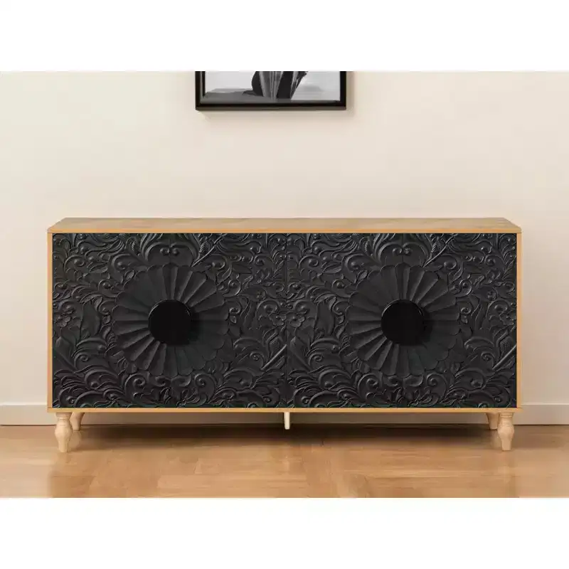 HomeRoots 68 Natural and Black Distressed Carved Floral Sideboard with Four Doors
