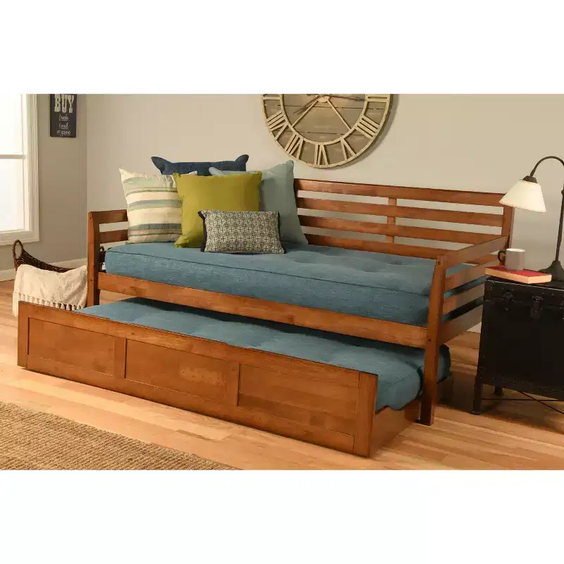 Trundle Daybed /Aqua - Dual Comfort: Linen Upholstery, Twin Bed, Hardwood Frame, Modern Style