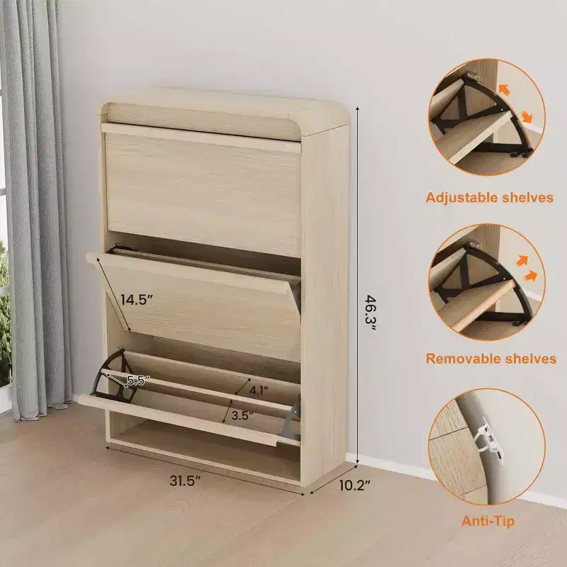 COZONY 46 Tall Shoe Cabinet with 3 Flip Drawers Wooden Shoe Storage with Adjustable Shelf for Entryway Hallway Living Room