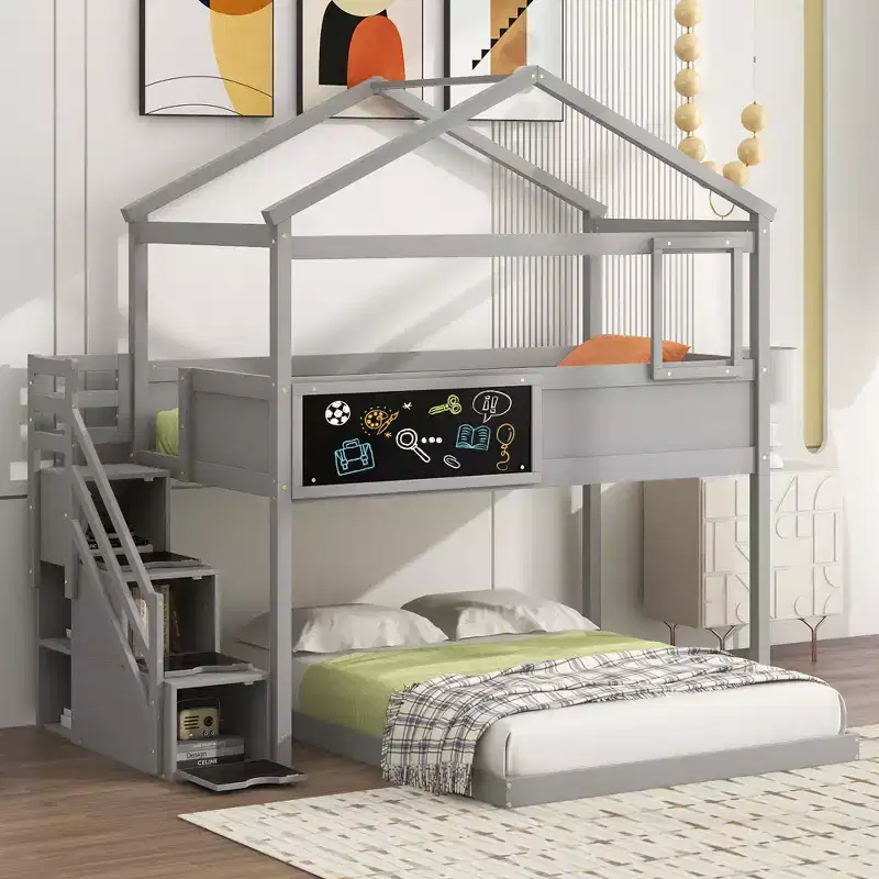 Whisen Twin over Full House Bunk Bed with Storage Staircase and Blackboard
