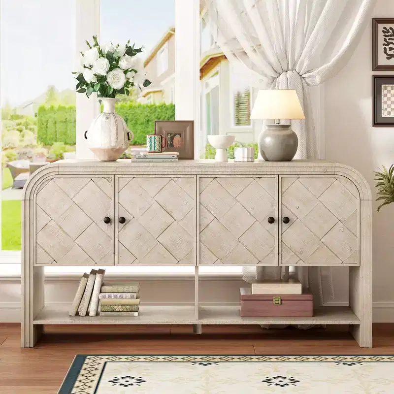 Wood Console Table with Storage Cabinet, Modern Entryway Table with Woven Wood Slats Design for Living Room and Entryway