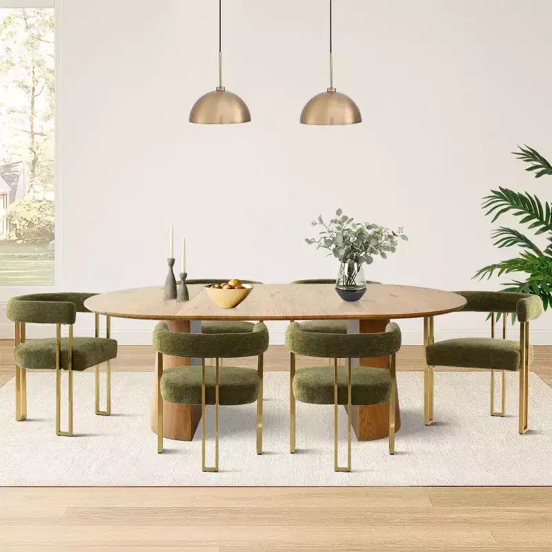 3-in-1 Oval Extendable Dining Table Set with 6 Chenille Upholstered Chairs Featuring Gold Metal Legs, Versatile Dining Furniture-Panipeachy