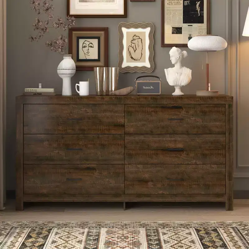 Hitow 6 Drawer Horizontal Dresser Woodgrain and Black Handles for Living Room Storage