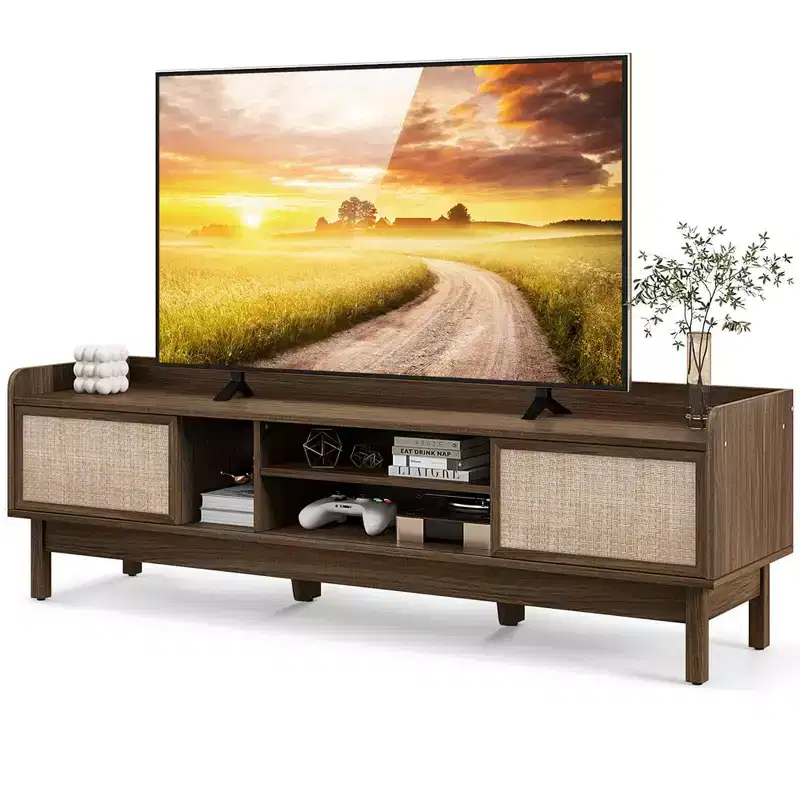 Costway Wooden TV Stand for TVs up to 65 with Storage Adjustable Shelf & Sliding Doors Walnut