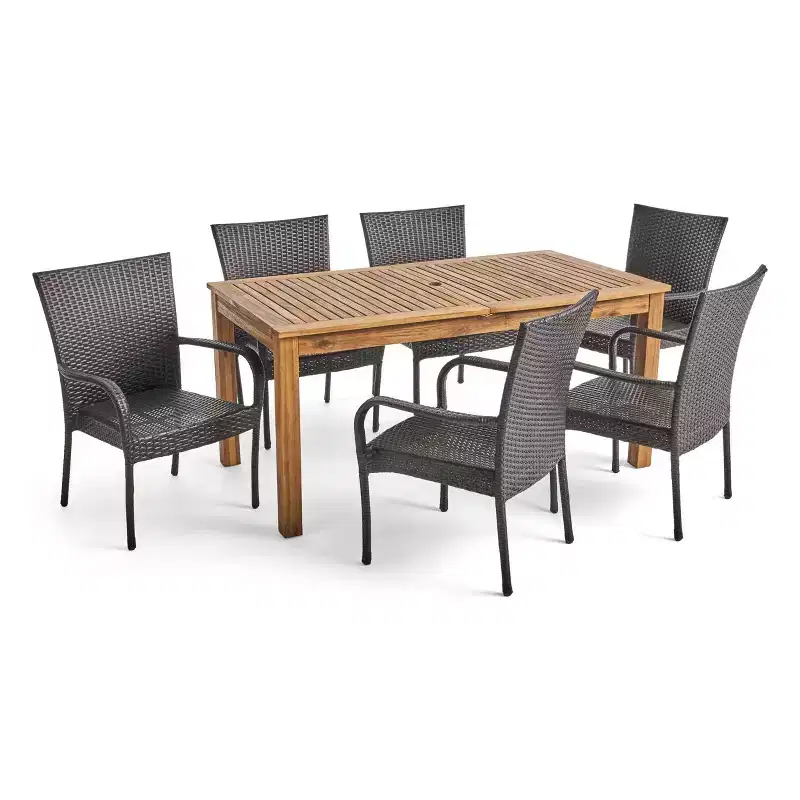 Hayes 7pc Wood & Wicker Expandable Dining Set: Acacia Frame, PE Rattan - Christopher Knight Home
