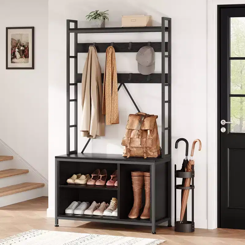 70in Heavy-Duty Entryway Bench with Coat Rack & Shoe Storage, 8-Detachable Hook Hall Tree Organizer for Living Room, Bedroom, Entry Hall
