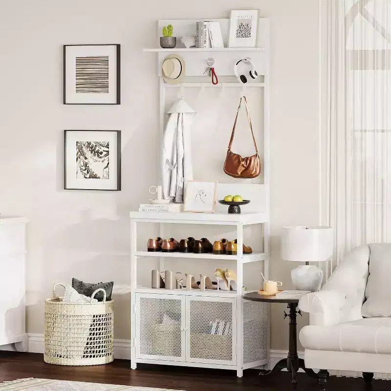 Hall Tree with Doors, 72.8in Narrow Coat Rack & Shoe Storage, Entryway Organizer with 7 Hooks, Shelves & Mesh Cabinet, White