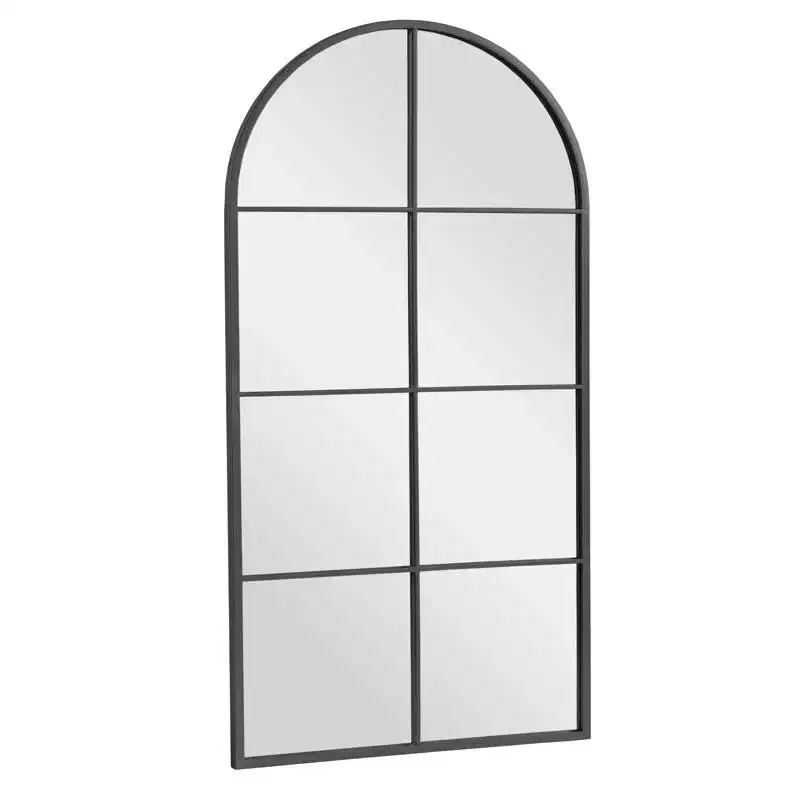 Arched Iron Frame Wall Mirror Windowpane Design 55 Inch