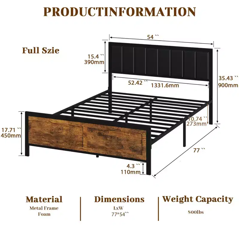 vintage bed frame, headboard leather soft cover + high-density sponge, no box spring design, easy to install