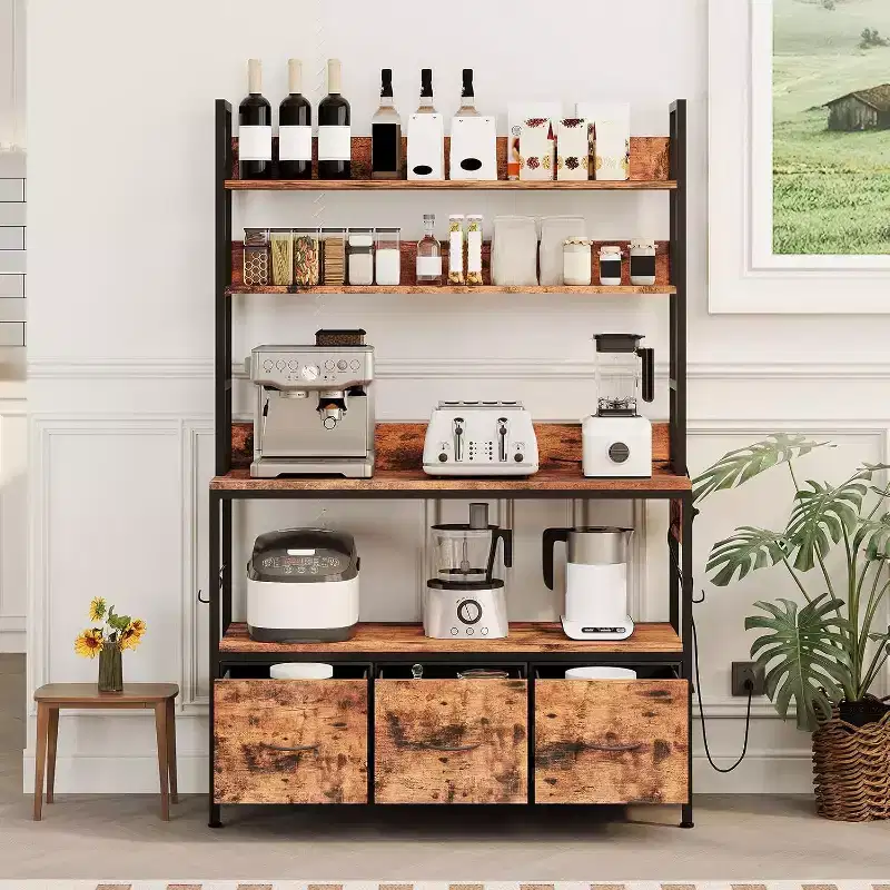 Rustic Industrial Kitchen Cart with Wood Shelves and Storage Drawers, Multifunctional Appliance Organizer for Small Spaces