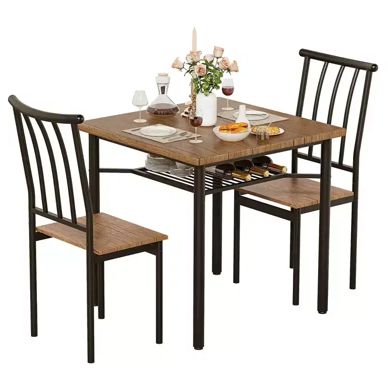 GustoWave 3 Piece Dining Table Set, with Wine Rack, for Small Space, Apartment