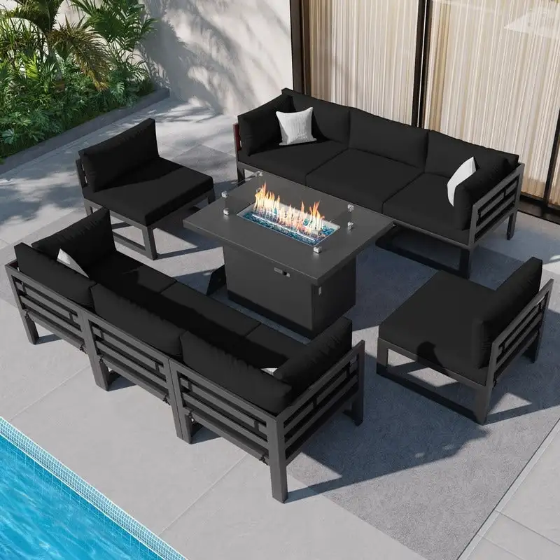 FINCATI 9-piece Luxury Oversized Aluminum Patio Furniture Set with Deep Seats and Convertible 43 Fire Pit Table