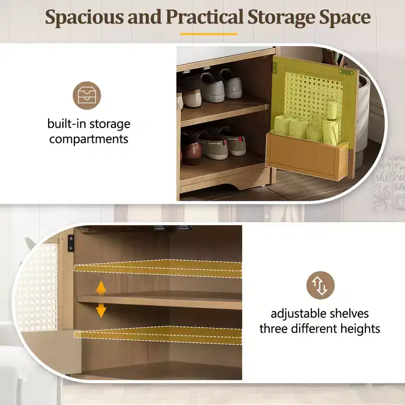 Rustic Storage Wood Shoe Bench Multifunctional with Removable Cushion, Woven Rattan Doors & Adjustable Shelves