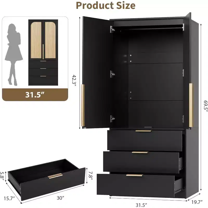 Wardrobe Closet with Rattan Doors, Rattan Armoire Wardrobe Closet with Drawers & Hanging Rod, Wooden Armoire for Hanging Clothes, 69.5 H