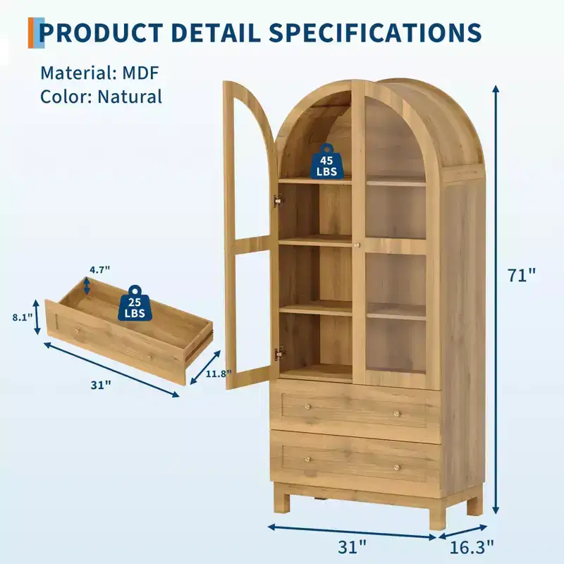 71 Tall Arched Bookshelf, Wooden Bookcase with 2 Drawers, Glass Door and Adjustable Shelf, Modern Display Cabinet for Living Room, Bedroom,office