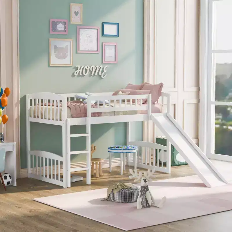 Twin Loft Bed with Slide and Ladder, Wooden Low Loft Bed Frame for Kids Girls Boys
