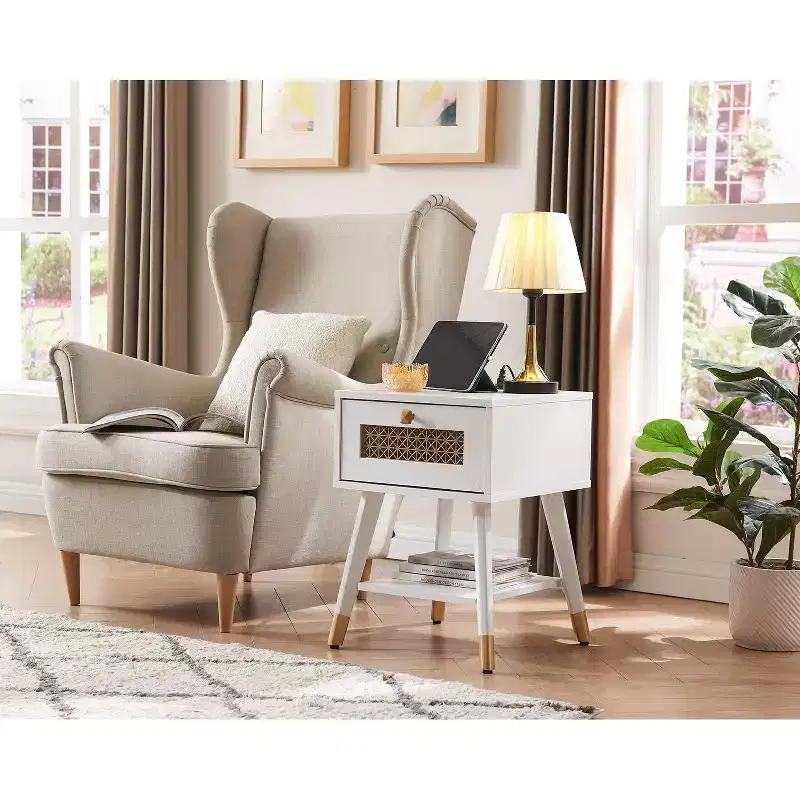 Probe Hues Retro Charging End Table, Built-in Outlets, USB Ports and Storage Drawer