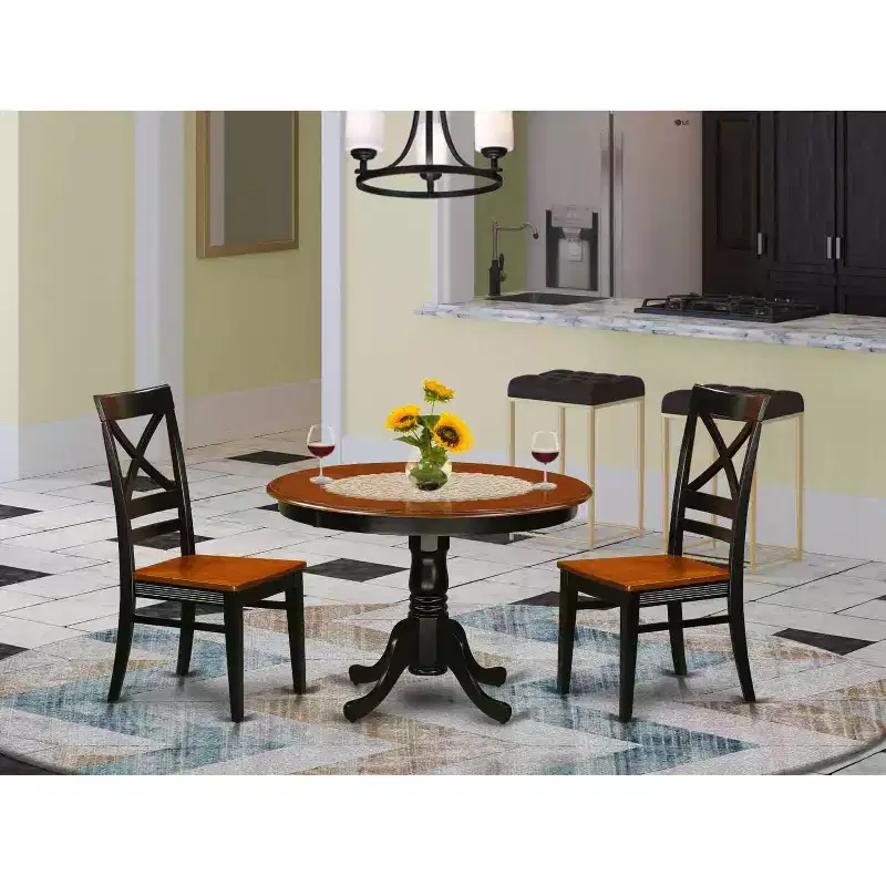 HomeStock 3-Pc Black and Cherry Finish Solid Wood Top - Round Dining Room Set - Seats 4